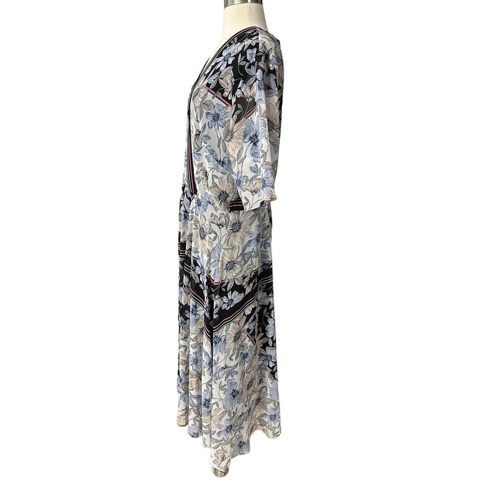 Maison Tara Blue Pink Black Tan Gray Floral Nouveau Chiffon Midi Dress Size 14 - Picture 4 of 12